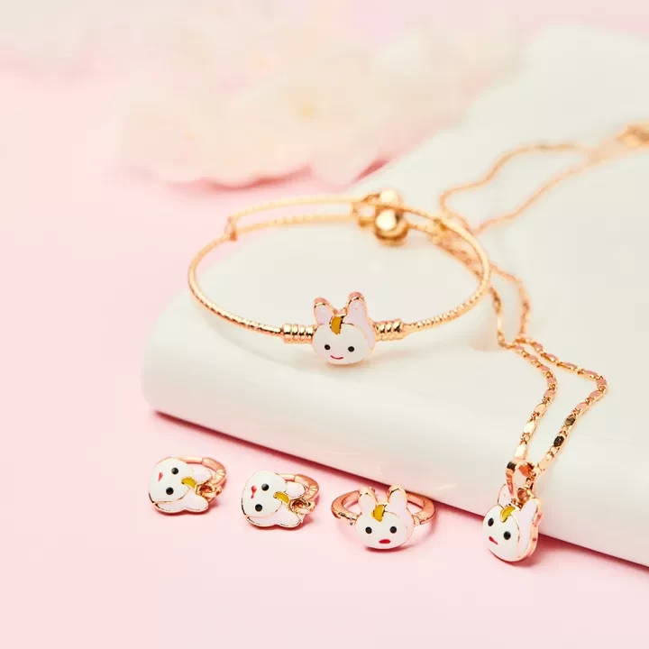 (CANTIK 65 ) Cute Kitten Jewelry Sets titanium gold plated kids cheap set bracelet+ring+earrings and necklace