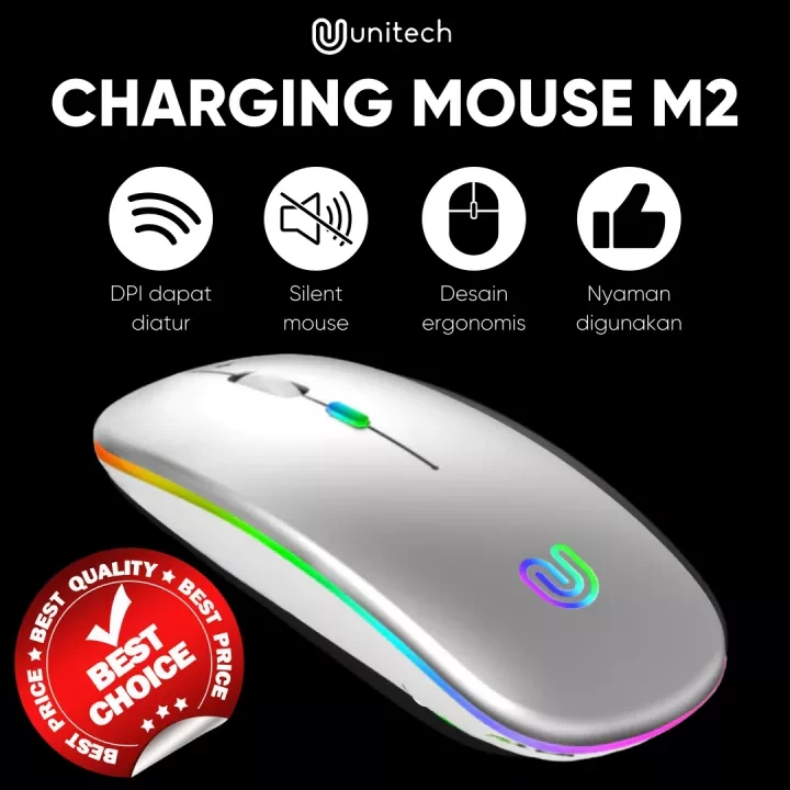 Mouse Wireless Ultra Slim Rechargeable Unitech M2 V2 Silent Mode LED Light Full Colour 2.4Ghz 1600 DPI