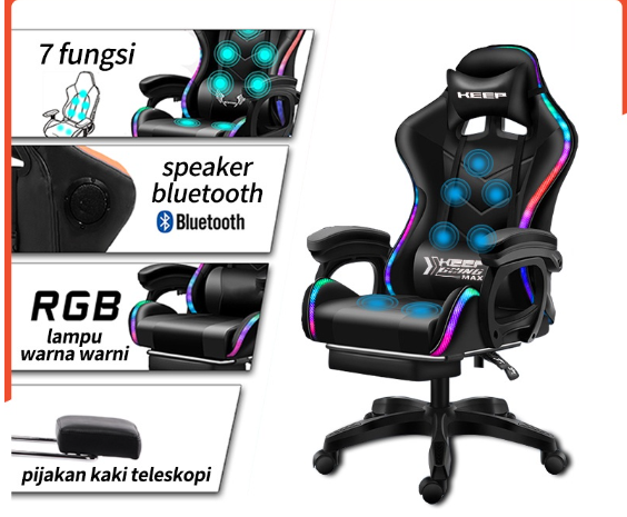 Keep Going Max Kursi gaming profesional, kursi gaming RGB, dengan fungsi pijat, kursi kantor, kursi ergonomis