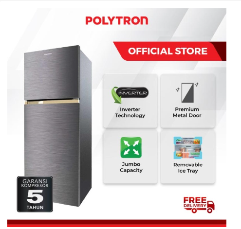 Kulkas POLYTRON Metal Jumbo 2 pintu 240 liter Inverter PRW 256Y
