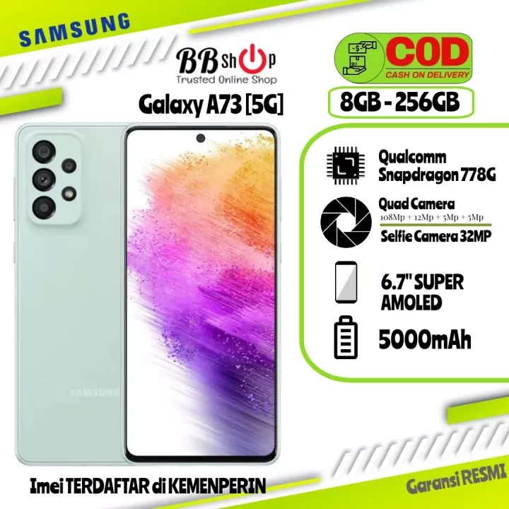 Samsung Galaxy A73 [5G] 8GB+256GB Garansi Resmi 1 Tahun, Display Type Super AMOLED, Size 6.7 inches, Chipset Qualcomm Snapdragon 778G, Main Camera Quad 108MP+12MP+5MP+5MP, Selfie camera Single 32MP, B