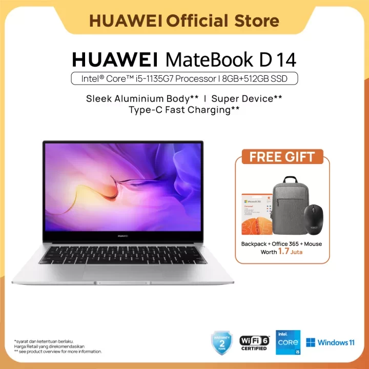 HUAWEI MateBook D14 i5-1135G7 [8+512GB] | Sleek Metal Body | 56Wh FHD
